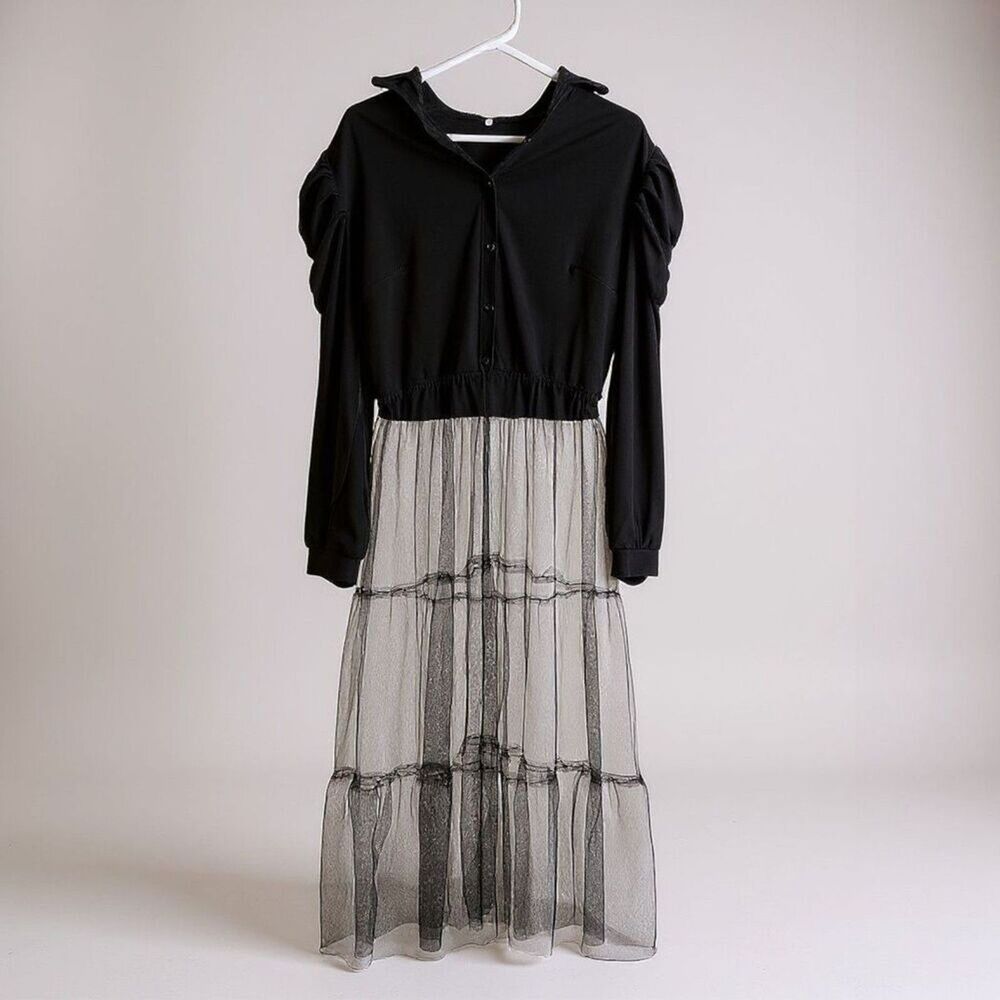 Ekaliy Long Sleeve High Low Asymmetrical Ruffle Shirt Dress Black Mesh Overlay